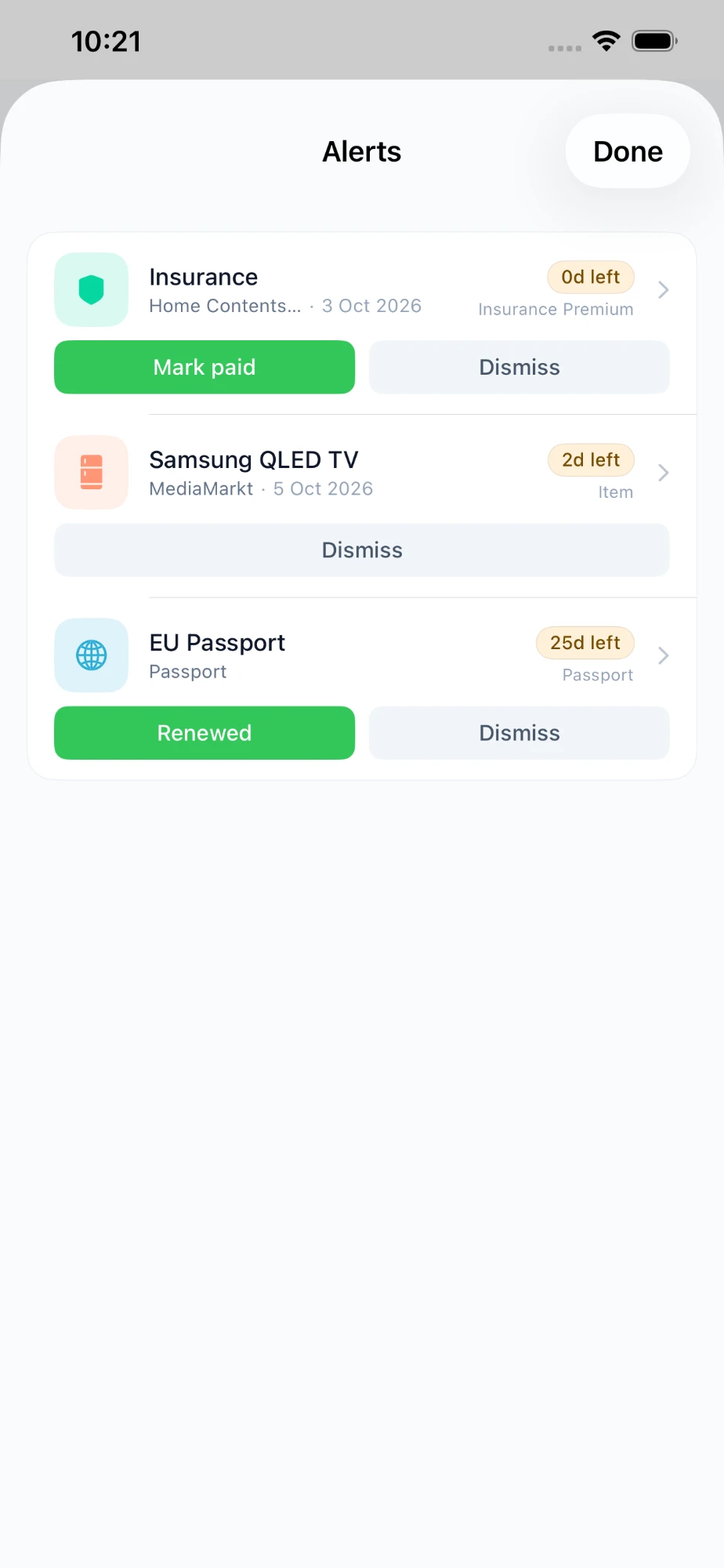 Alerts screen with Mark paid, Renewed, and Dismiss actions