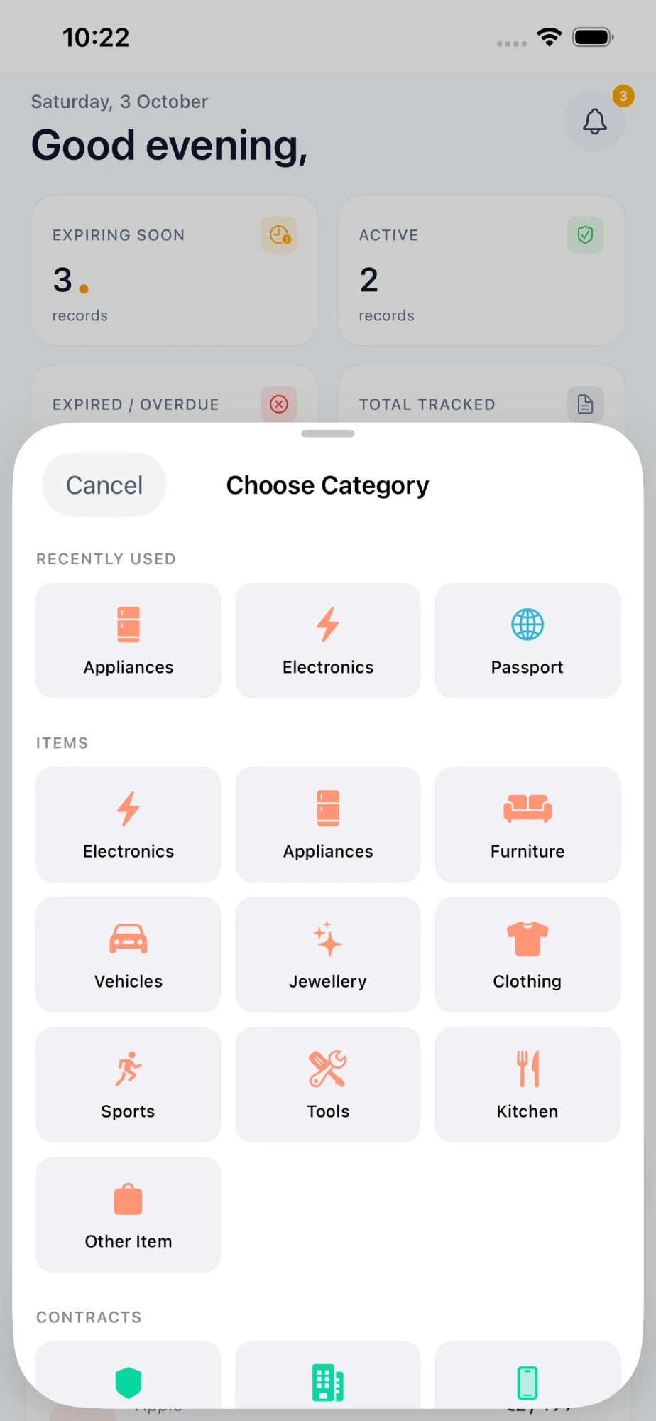 Choose Category sheet with items like electronics, appliances and vehicles