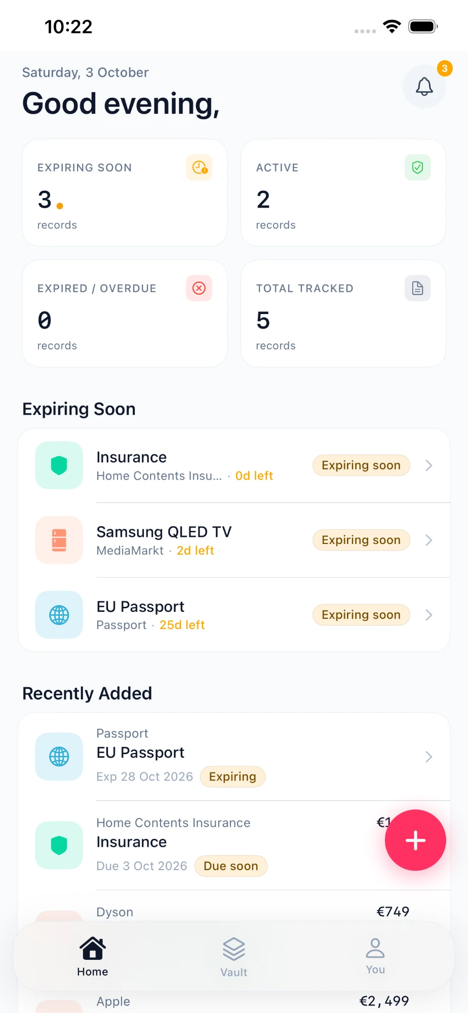 Kelto home screen with three records expiring soon: home insurance, a Samsung TV, and an EU passport