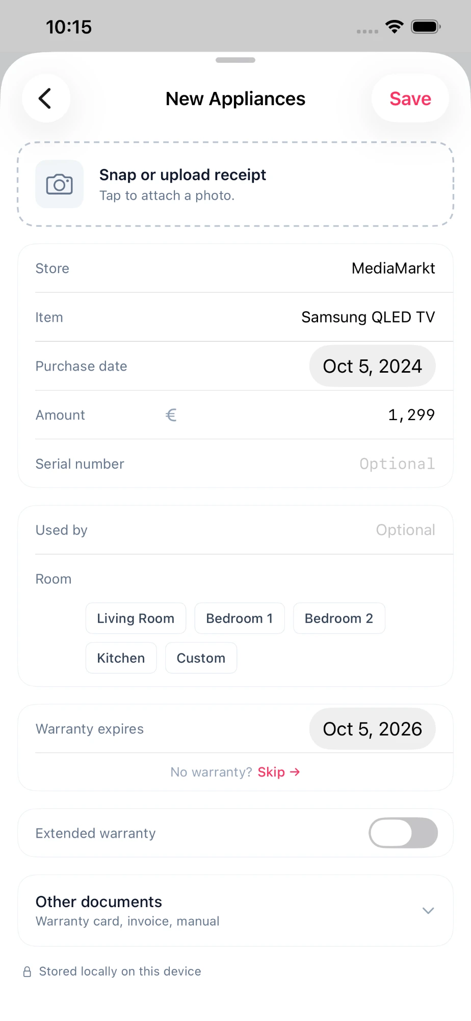 New Appliances form for a Samsung QLED TV with purchase date and warranty expiry
