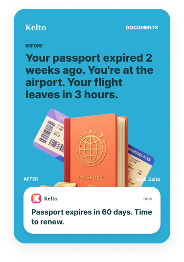 Before: your passport expired 2 weeks ago, you're at the airport and your flight leaves in 3 hours. After, with Kelto: a notification that your passport expires in 60 days.